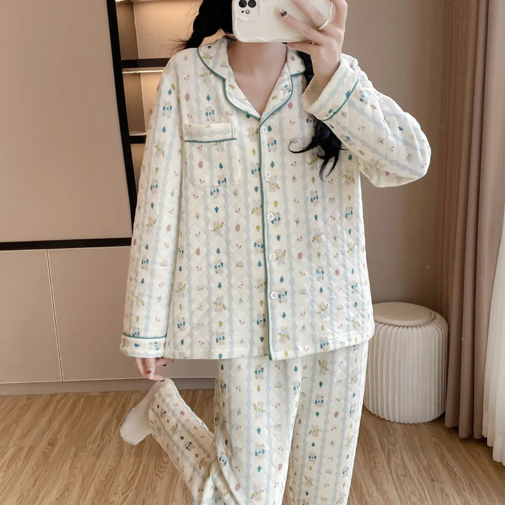 Womens Cotton Long-Sleeve All-Cotton Cozy Sweet Loungewear Set - Lapel Striped Bear-Xl