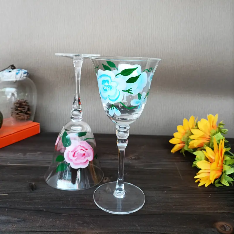 Hand Painted Middle Ancient Glass Flower Goblet Vintage Crystal