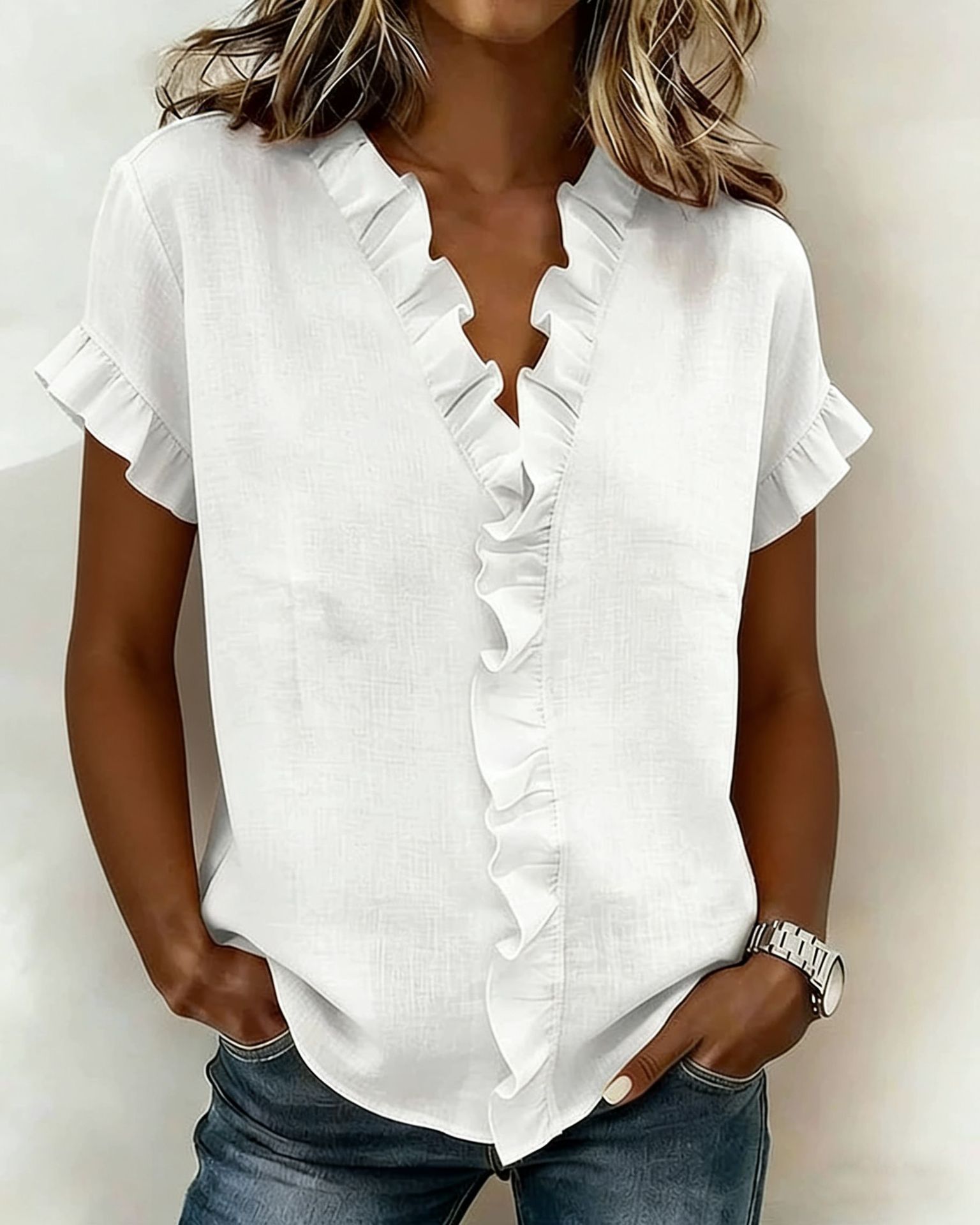 Ruffle sleeve V-neck top in black, model wearing front view showing asymmetric cut