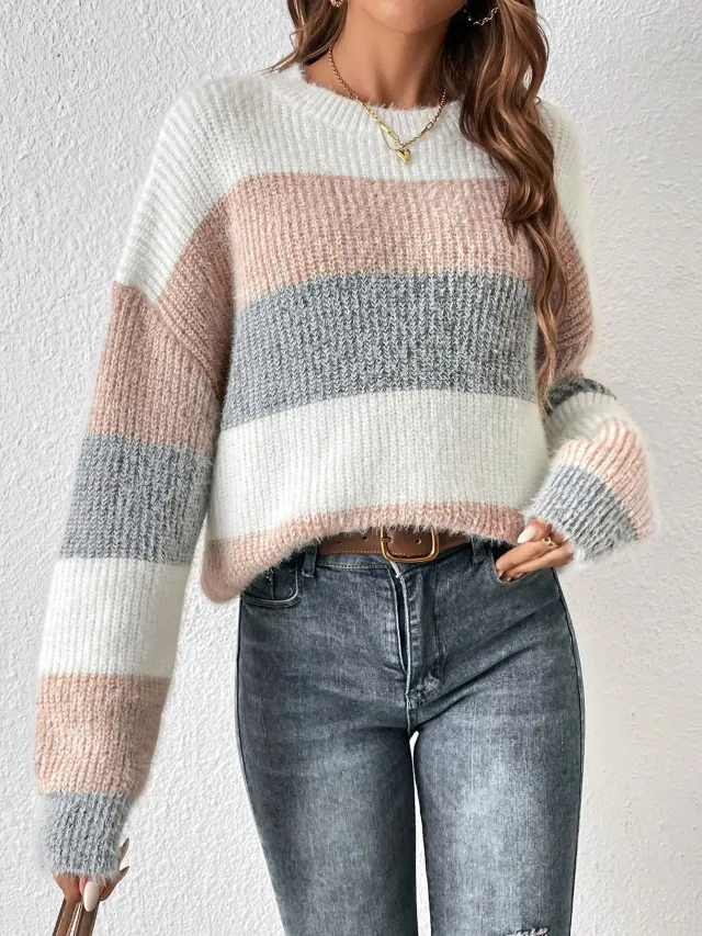 Round Neck Striped Contrast Color Women's Sweater Leisure Pullover Lotus Root Color Xl - Shop at LoveMi