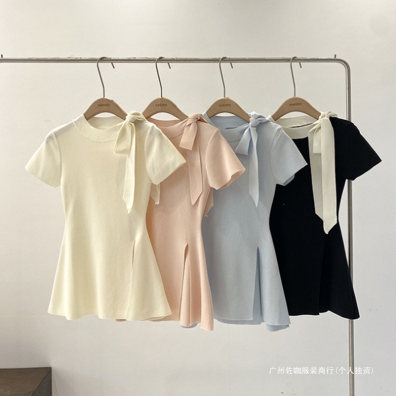 Bow-tie Lace-up Round-neck Short-sleeve Lightweight Dress
