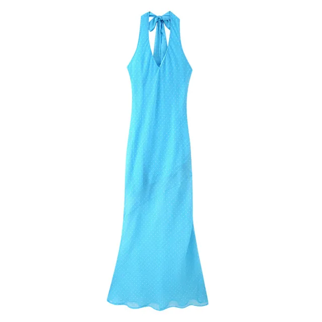 Versatile Cross Border Halter Lace up Slim Fit Backless Dress Blue - Shop at LoveMi