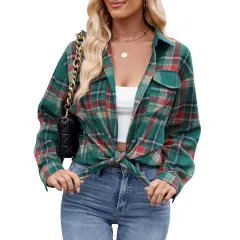 Casual Fashion Loose Plaid Pocket Shirt For Women - Green - View 1