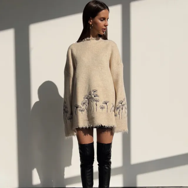 Loose Flower Embroidery Design Contrast Color Sweater M1037 Beige - Shop at LoveMi