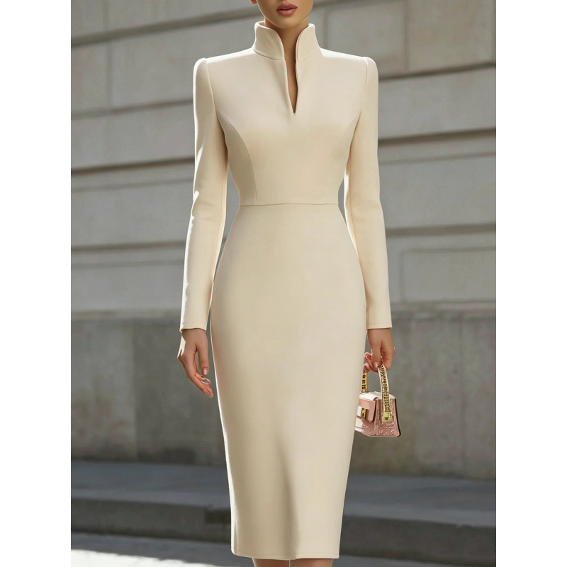 Elegant Solid Color Stand Collar Long Sleeve Dress