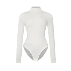 Solid-colour Form Fitting Long Sleeve Yoga Bodysuit - White - View 1