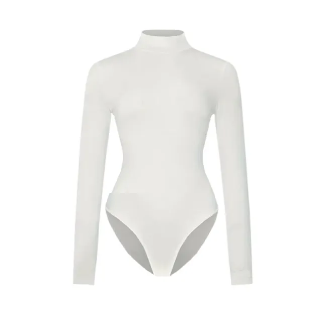 Solid color Form Fitting Long Sleeve Yoga Bodysuit White - Shop at LoveMi