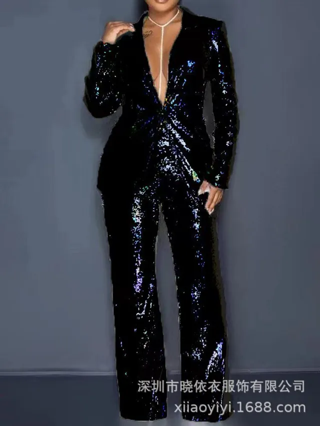Slim fit Sequined Suit Top And Trousers Women's Suit Black - Shop at LoveMi