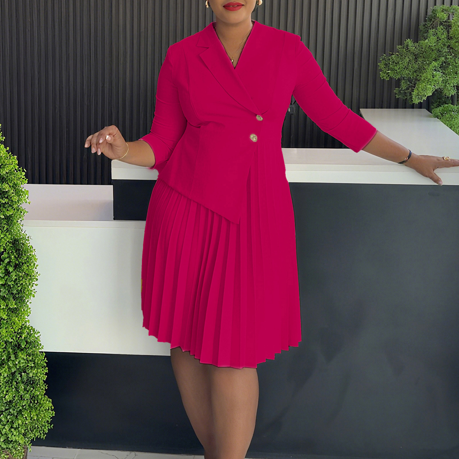 Plus Size Fashionable Elegant Pleated Dress Rose - Shop at LoveMi