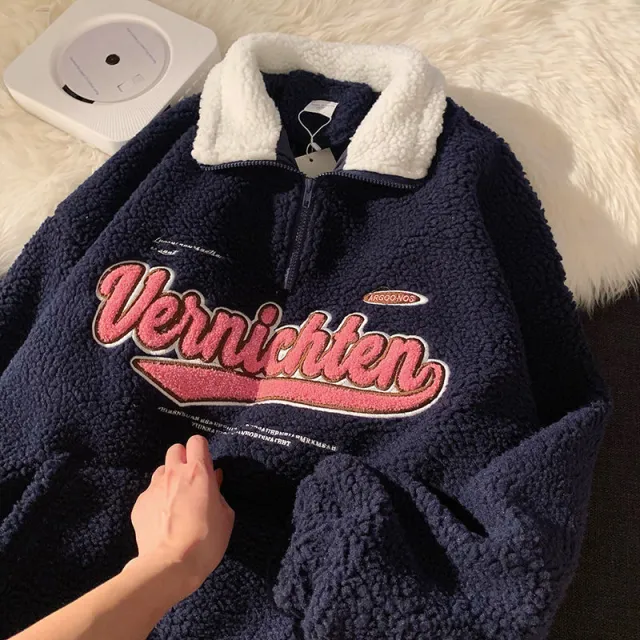 Retro Lapels Embroidery Half Zipper Cashmere Hoodie Blue - Shop at LoveMi