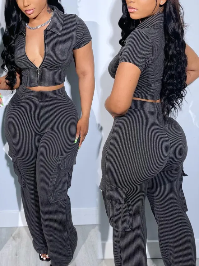 Zip up Top With Multiple Pockets And Long Pants Casual Solid color Two piece Set Gray - Shop at LoveMi