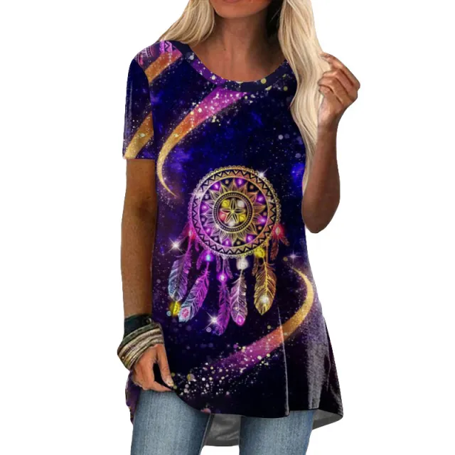 Crew Neck Casual Ethnic Style Vintage Print Short Sleeves T shirt T11 Dream Feather S - Shop at LoveMi