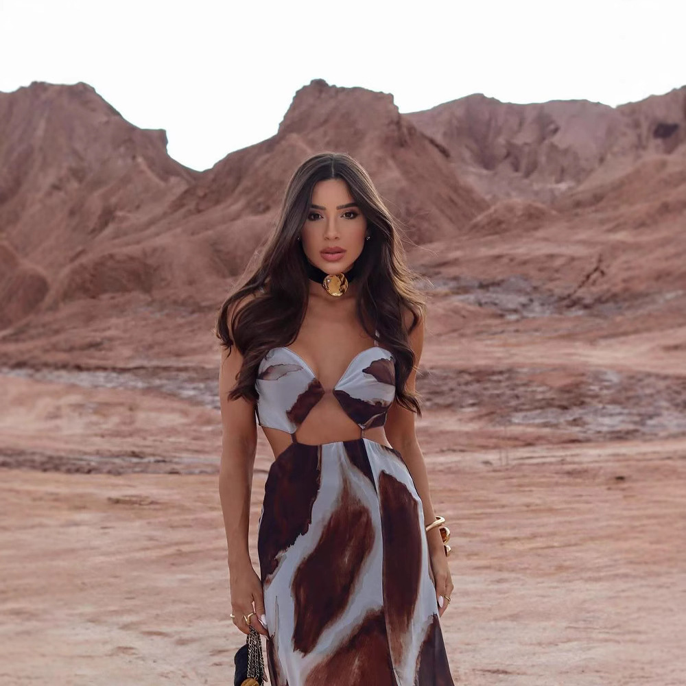 Tie-dye Sexy Front Empty Spaghetti Straps Sleeveless Elegant Vacation Dress