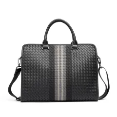 Stitching Woven Business Casual Briefcase Men's Shoulder Crossbody Computer Bag - Black - View 1