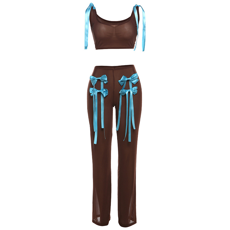 European And American Fashion Mesh See through Bow Sleeveless Slim Fit Vest Pants Suit Brown - Shop at LoveMi