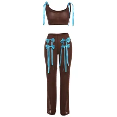 European And American Fashion Mesh See-through Bow Sleeveless Slim Fit Vest Pants Suit - Brown - View 1
