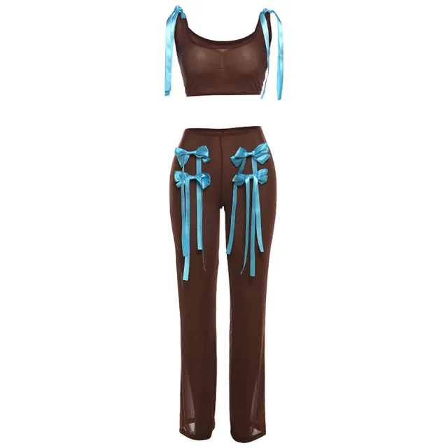 European And American Fashion Mesh See through Bow Sleeveless Slim Fit Vest Pants Suit Brown - Shop at LoveMi
