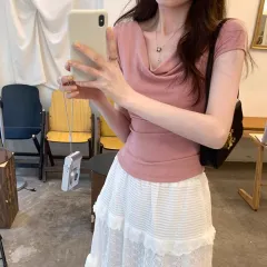 Pure Desire Swing Collar Short-sleeved T-shirt Design Blouse - Pink - View 1