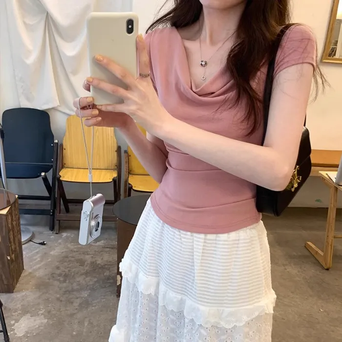 Pure Desire Swing Collar Short-sleeved T-shirt Design Blouse - Pink