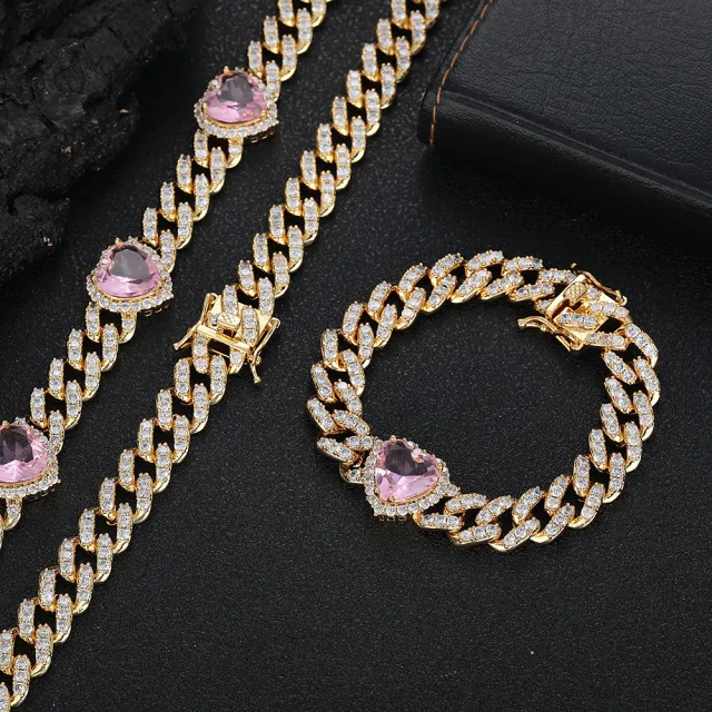 Love Pink Zircon Cuban Link Chain Women's Necklace Gold Powder Zirconium - Shop at LoveMi