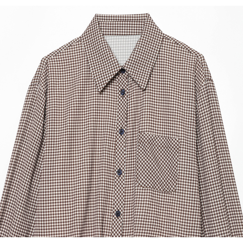 Womens Retro Plaid Short-length Long-sleeve Blouse