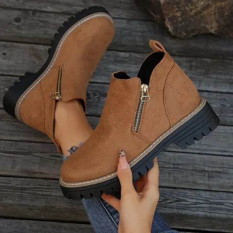 Fashion Ankle Boots with Side Zipper Chunky Autumn Winter