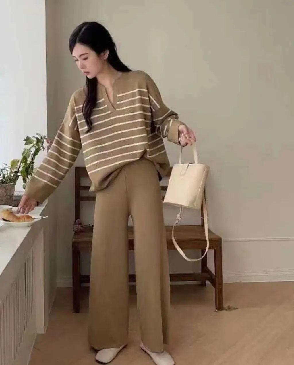 Casual High Waist Drooping Knitted Wide-leg Pants - Camel
