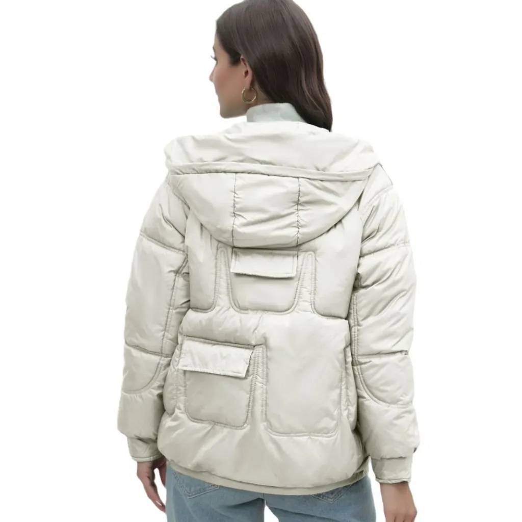 Down Cotton-padded Coat For Women Thickened Bright Color Stand Collar - White