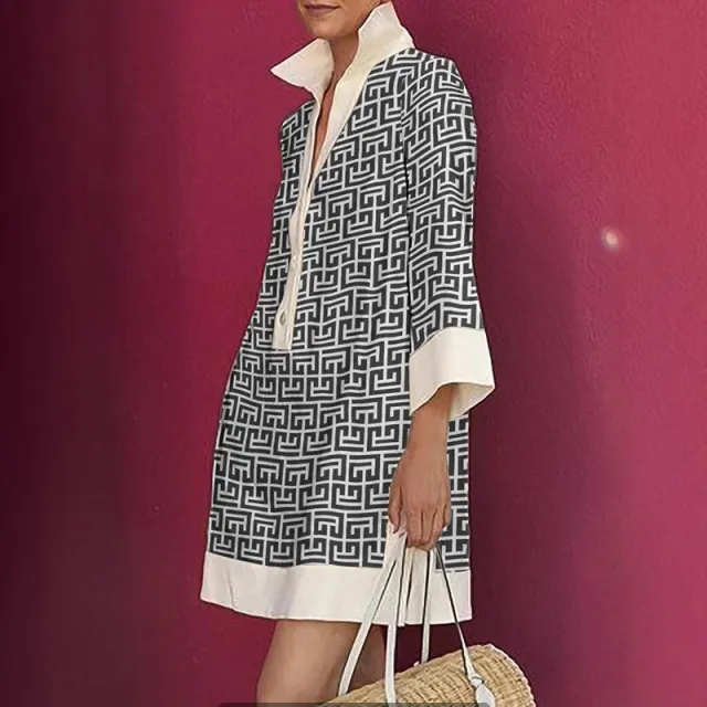 Autumn Half sleeve Printed Loose And Elegant Shirt Dress Black - Shop at LoveMi