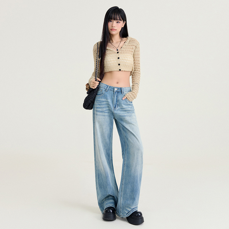 Women's Light Blue Washed Wide-Leg Jeans
