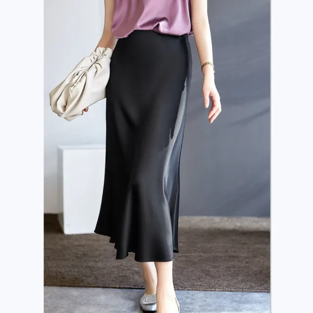 Women's Satin Retro Stretch Skirt Elegant Black - Shop at LoveMi