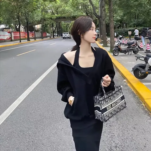 New Korean style Loose Hoodie Sweatshirt Plus Size Set Black - Shop at LoveMi