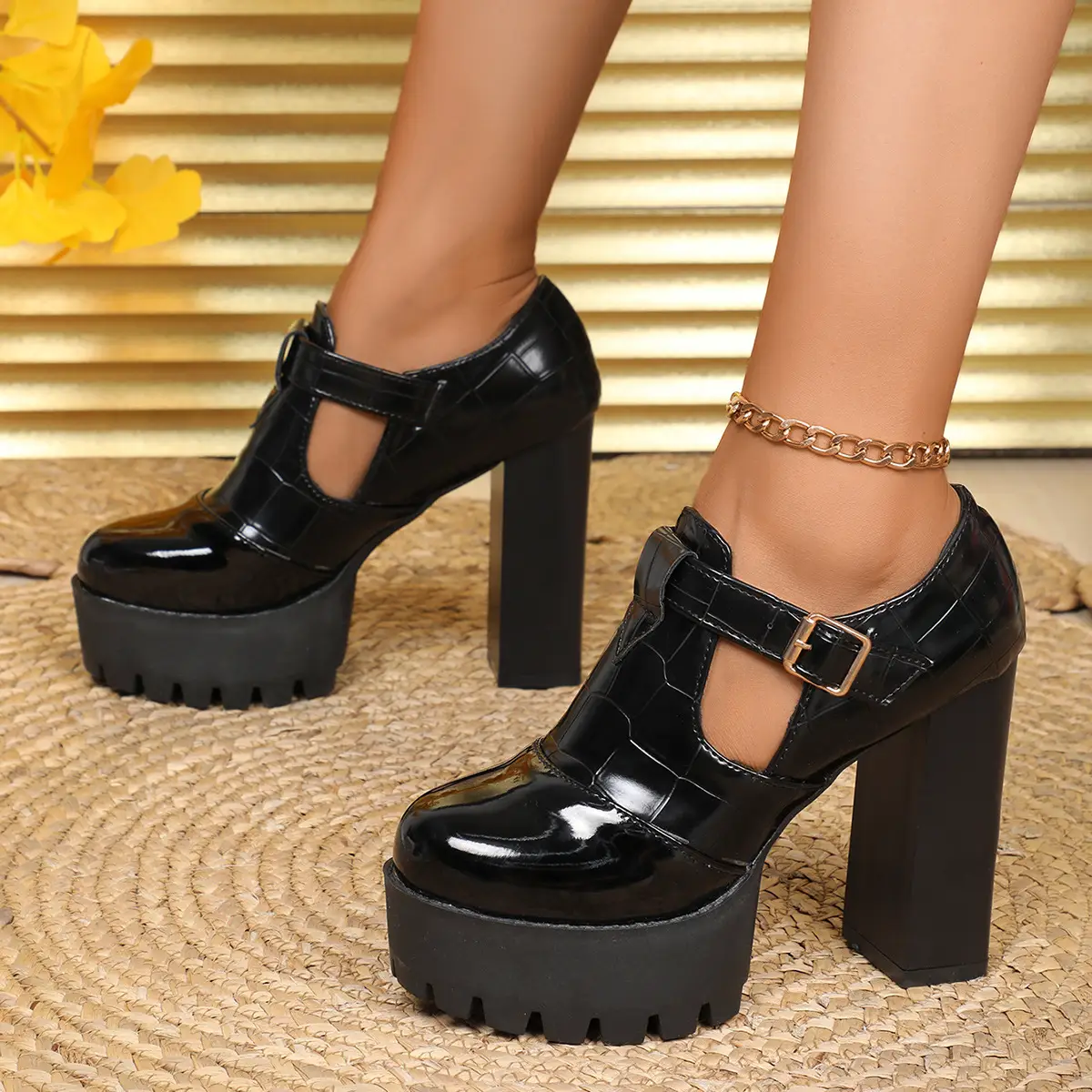Chunky-Heel Elegant Deep-V Cut Color-Block Professional High Heels For Women