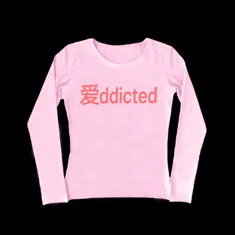 Letter-printed Slim-fit T-shirt Casual Long-sleeve Top - Pink