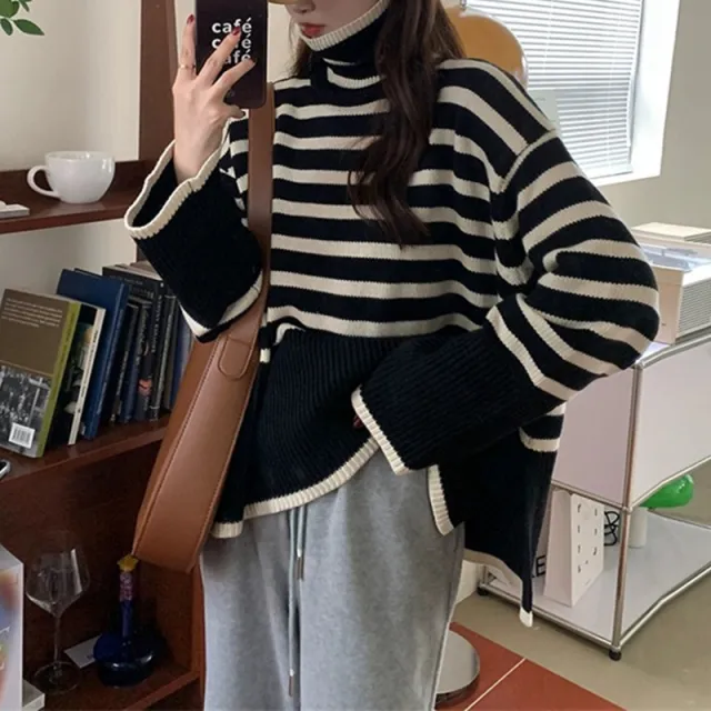 Striped Sweater Loose And Lazy Style Underwear Long Sleeved Top Women's Clothing Black - Shop at LoveMi