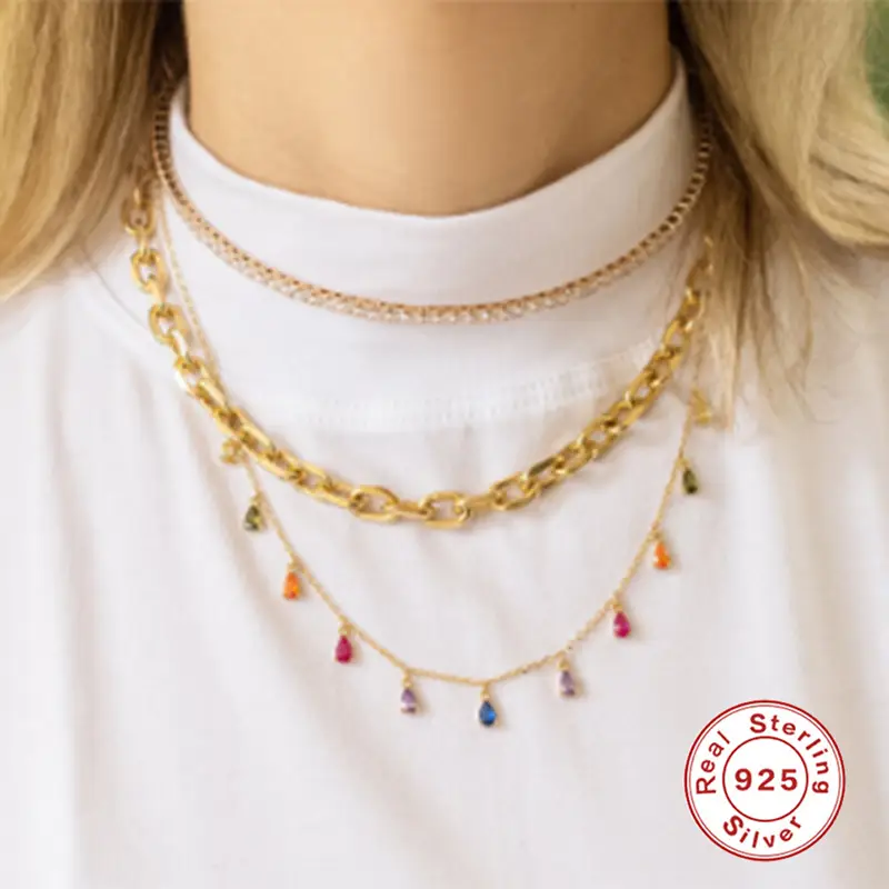 S925 Sterling Silver Colorful Crystals Colorful Water Drop Necklace