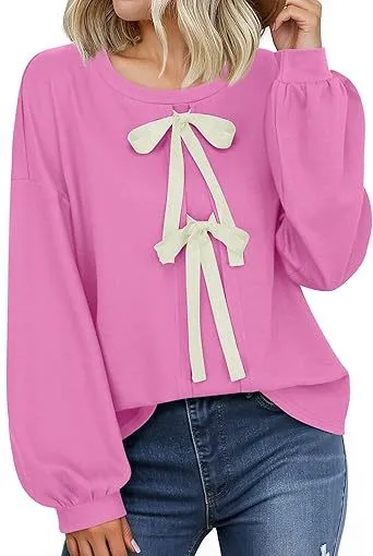 Women's Round Neck Front Lace up Bow T Pullover Split Long Sleeve Shirt Pink - Shop at LoveMi