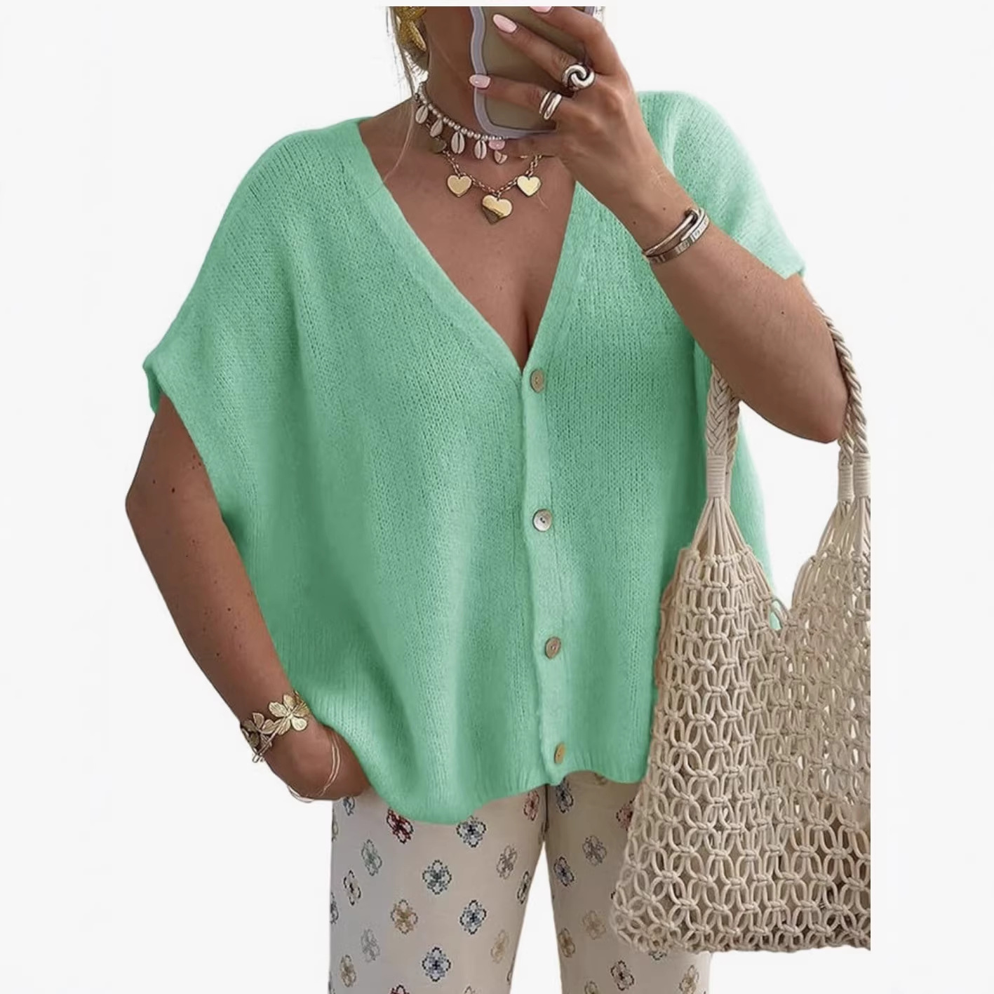 Women's Solid-color Loose-fit V-neck Short-sleeve Knitted Cardigan