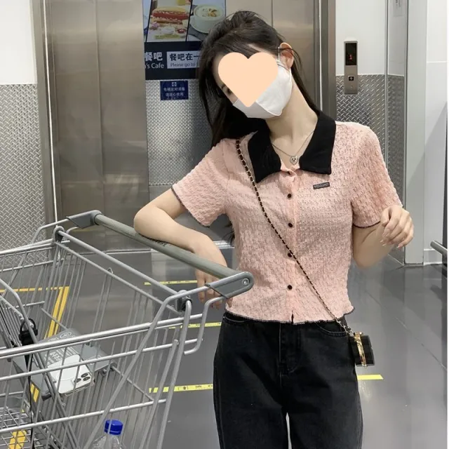 New Contrast Color Short Sleeve Shirt For Women Pink - Shop at LoveMi
