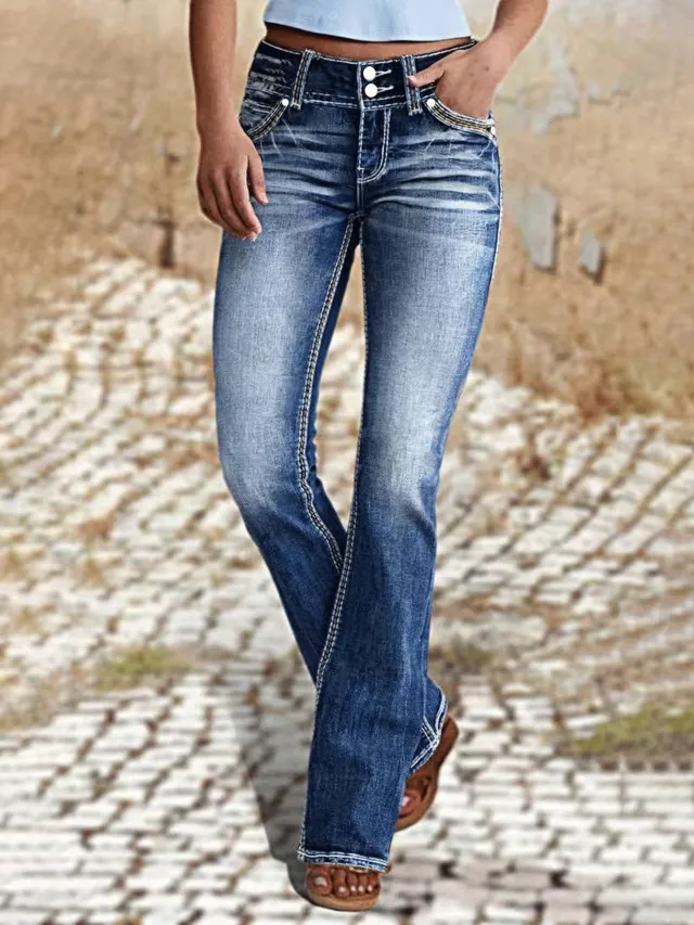 Ladies Mid Waist Stretch Washed Jeans Simple Slim Fit Blue - Shop at LoveMi