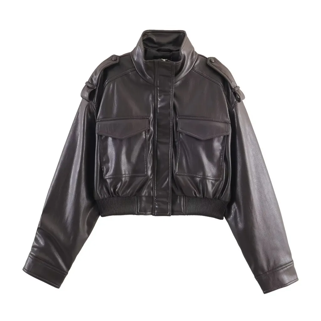 Long Sleeve Slim-fit Faux Leather Short Jacket - B-Xs