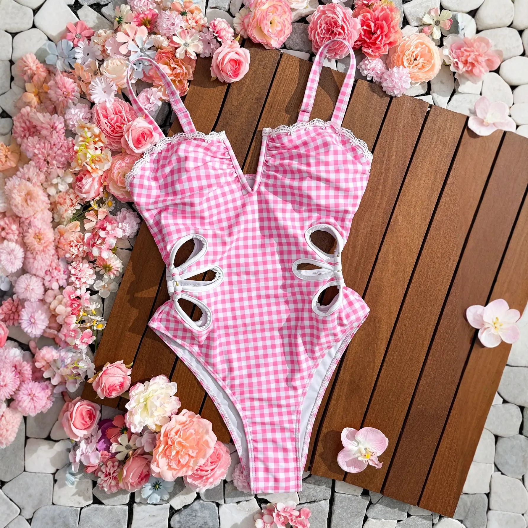 Plaid Girl Cutout Waist Suspender One-Piece Triangle Swimsuit