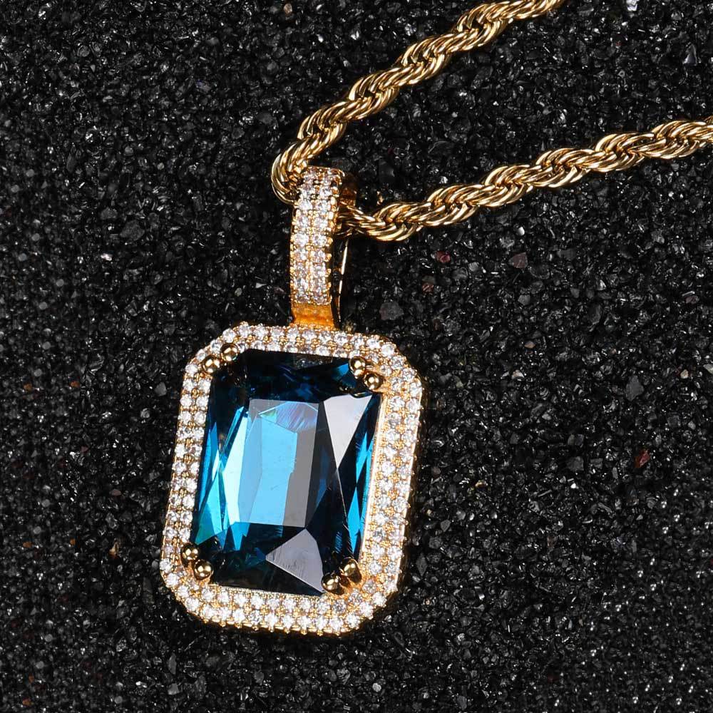 Hip Hop Ear Accessories Square Color Gemstone Pendant Necklace