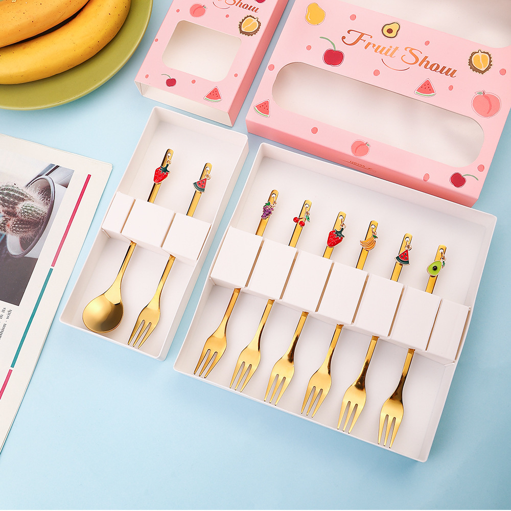 Stainless Steel Cute Strawberry Pendant Dessert Spoon Fruit Fork Coffee Spoon Gift Box