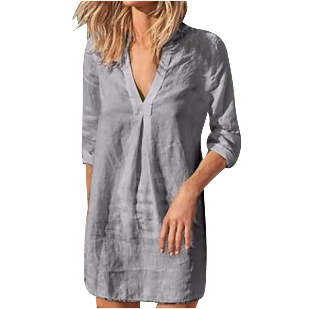 Women's V-neck Mid-length Casual Long Sleeve Dress - Grey