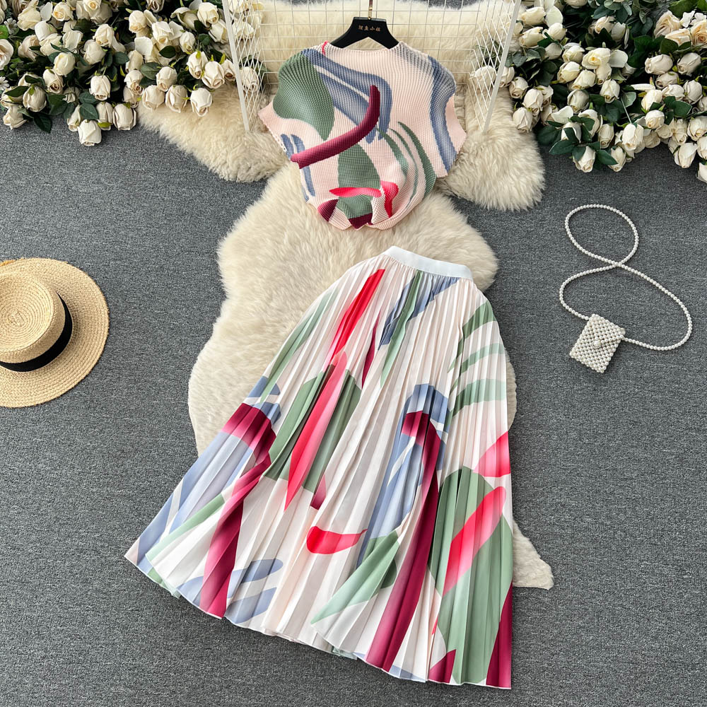 Stretch Short sleeved Top High Waist Pleated Skirt Two piece Set Pattern 15 - Shop at LoveMi