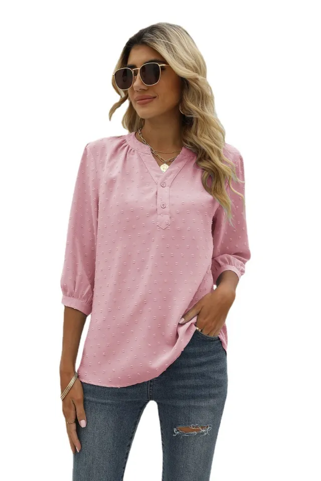 Women's Stand up Collar Medium sleeve Shirt Jacquard Fur Ball Casual Loose Top Pink - Shop at LoveMi