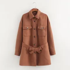 European And American Solid Colour Shirt Belt Woolen Coat - Picture Colour-S - View 1
