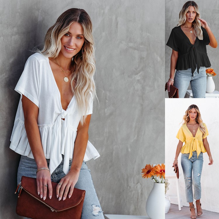 Solid-color Patchwork Loose-fit Short-sleeve Top With Tie Details And A Ruffled Hem