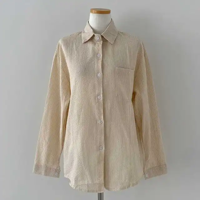 French Classic Striped Pleated Loose Pockets Long Sleeve All matching Shirt Apricot - Shop at LoveMi